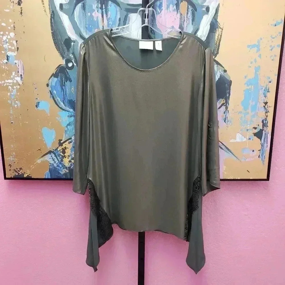 Chico's Olive/Gold Shimmer Shark Bite Tunic